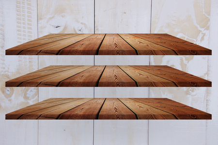 collection of wooden shelves on an white backgroundの写真素材