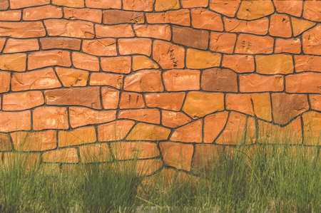 Close up brick wall and green grass background.の写真素材