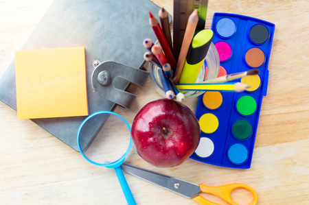 Education school tools,studies accessories on Wood Backgroundの写真素材