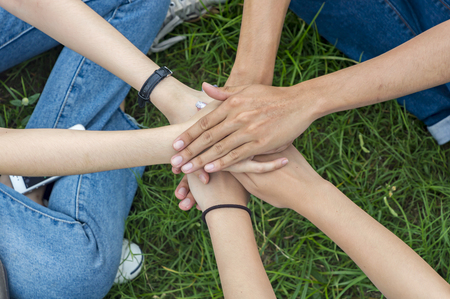 Top view of group of students sitting together in the garden. University students doing group study.の写真素材