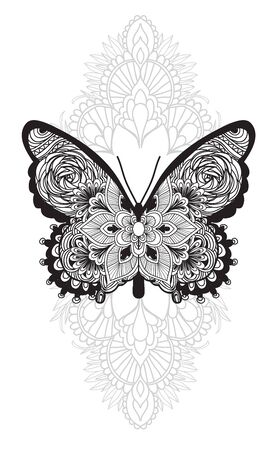 Tattoo art butterfly hand drawing and sketch with line art illustration isolated on white background.のイラスト素材