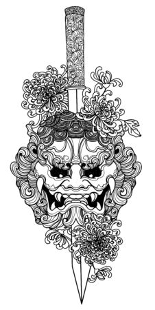 Tattoo art warrior head and flowers hand drawing and sketch black and white with line art illustration isolated on white background.のイラスト素材
