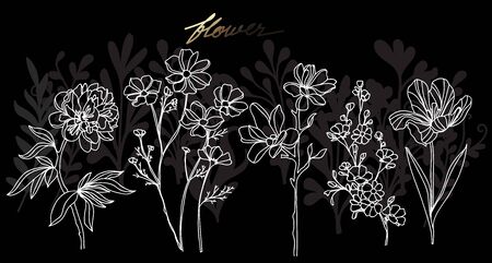 Art flower hand drawing and sketch black and white with line art illustration isolated on black background.のイラスト素材