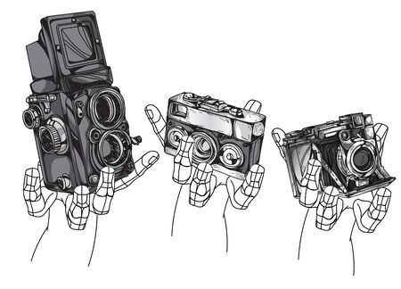 vintage camera hand drawing isolated on white background.のイラスト素材