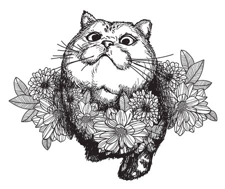 Tattoo art cat and flower drawing and sketch with line art illustration isolated on white background.のイラスト素材