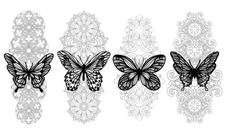 Tattoo art butterfly hand drawing and sketch with line art illustration isolated on white background.のイラスト素材