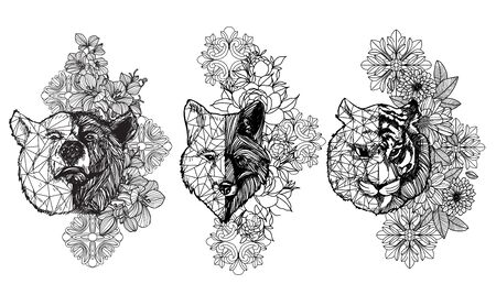 Tattoo art animal drawing and sketch black and white with line art illustration isolated on white background.のイラスト素材