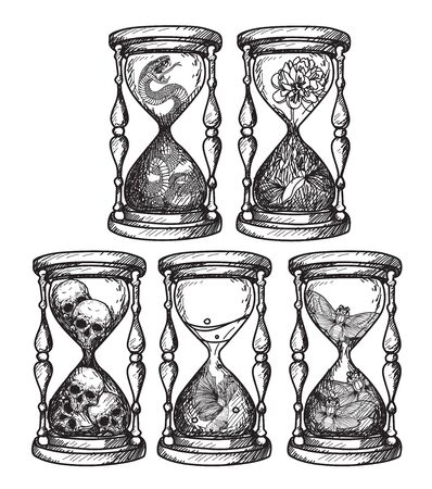 Tattoo art hourglass that contains various things hand drawingのイラスト素材