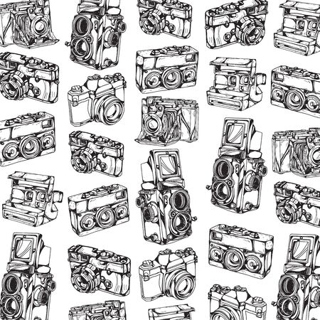 vintage camera set hand drawing with line art illustration isolated on white background.のイラスト素材