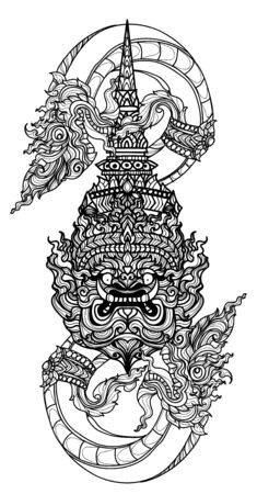 Tattoo art thai snake and giant pattern literature hand drawing sketchのイラスト素材