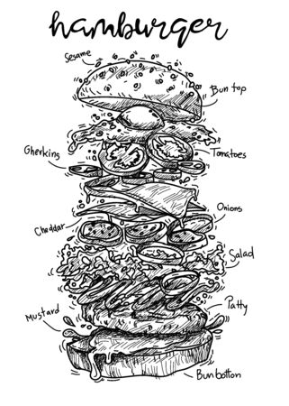 Hamburger fast food background with hand drawnのイラスト素材