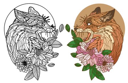 Tattoo art fox and flowers hand drawing and sketch black and white and colorのイラスト素材