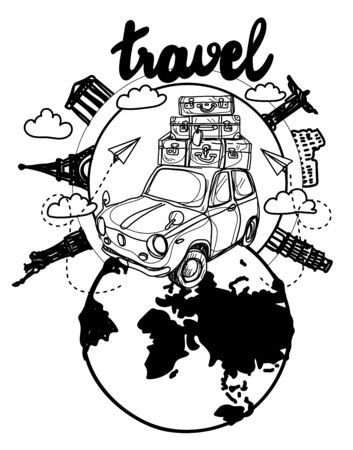 drawing the car travel around the worldのイラスト素材