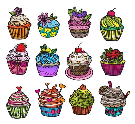 bakery and cake cartoon set hand drawing and sketchのイラスト素材