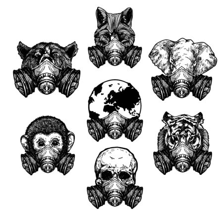 Tattoo art tiger wolf elephant skull wold wearing a protective maskdrawing and sketch black and whiteのイラスト素材