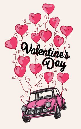 Pink car with many red balloonsのイラスト素材