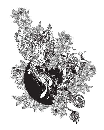 Tattoo art dargon and swan china hand drawing sketch black and whiteのイラスト素材