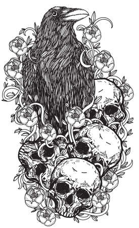 Tattoo art crow on a skull flower hand drawing and sketchのイラスト素材