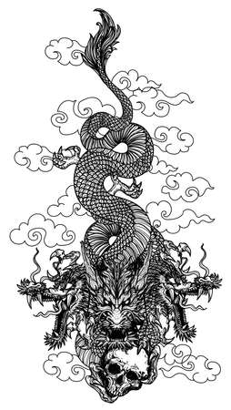 Tattoo art dragon fly and skull hand drawing sketch black and whiteのイラスト素材