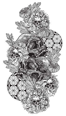 Tattoo art skull and flower hand drawing and sketch black and whiteのイラスト素材
