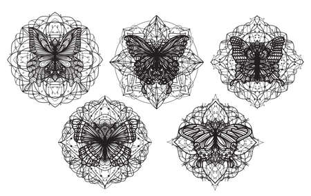 Tattoo art set butterfly sketch black and whiteのイラスト素材
