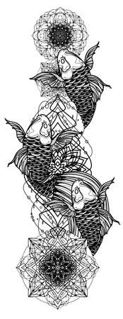 Tattoo art japan fish design hand drawing and sketch black and whiteのイラスト素材