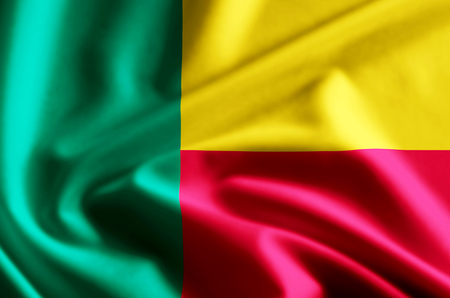 Benin 3D waving and closeup flag illustration with reflections. Usable for background and texture.の写真素材