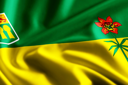 Saskatchewan 3D waving and closeup flag illustration with reflections. Usable for background and texture.の写真素材