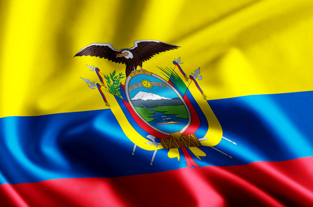 Ecuador 3D waving and closeup flag illustration with reflections. Usable for background and texture.の写真素材