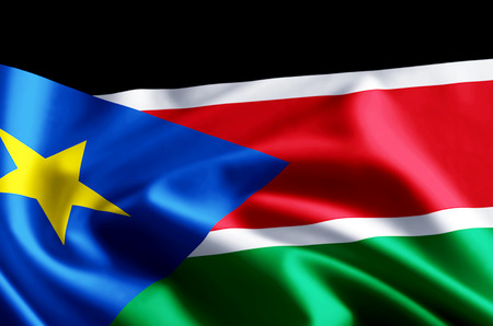 South Sudan 3D waving and closeup flag illustration with reflections. Usable for background and texture.の写真素材