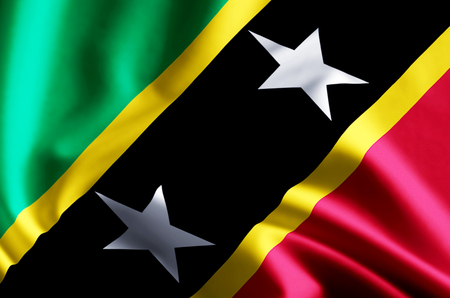 St. kitts and nevis 3D waving and closeup flag illustration with reflections. Usable for background and texture.の写真素材