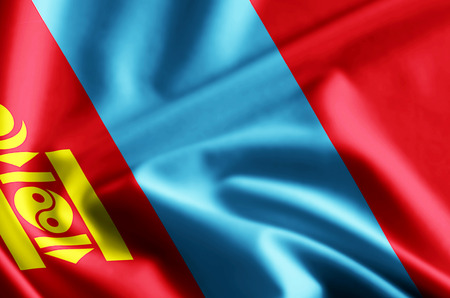 Mongolia 3D waving and closeup flag illustration with reflections. Usable for background and texture.の写真素材