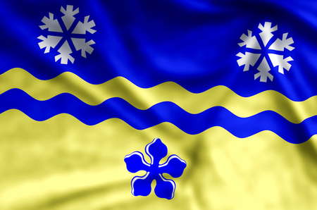 Prince George British Columbia stylish waving and closeup flag illustration. Perfect for background or texture purposes.の写真素材