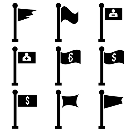 Vector Set of little black flags on Flagpoles. Each Flag is seperated in one group.のイラスト素材