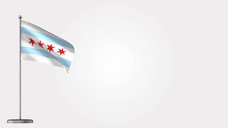 Chicago 3D waving flag illustration on Flagpole. Perfect for background with space on the right side.の写真素材