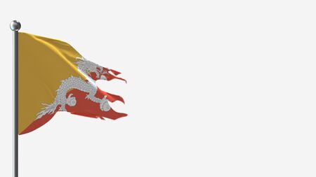 Bhutan 3D tattered waving flag illustration on Flagpole. Perfect for background with space on the right side.の写真素材