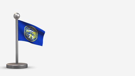 Nebraska 3D waving flag illustration on a tiny metal flagpole. Isolated on white background with space on the right side.の写真素材