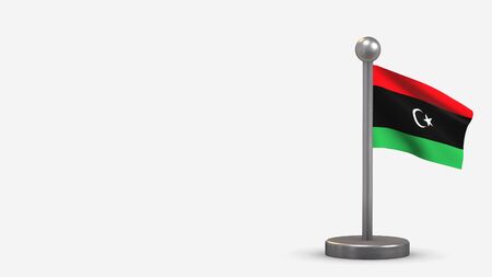 Libya 3D waving flag illustration on a tiny metal flagpole. Isolated on white background with space on the left side.の写真素材