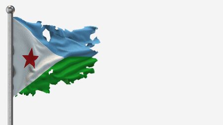 Djibouti 3D tattered waving flag illustration on Flagpole. Isolated on white background with space on the right side.の写真素材
