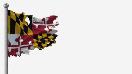 Maryland 3D tattered waving flag illustration on Flagpole. Isolated on white background with space on the right side.の写真素材