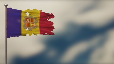 Andorra 3D tattered waving flag illustration on flagpole. Isolated on blurred sky background with space on the right side. Depth of Field effect.の写真素材