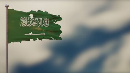 Saudi Arabia 3D tattered waving flag illustration on flagpole. Isolated on blurred sky background with space on the right side. Depth of Field effect.の写真素材