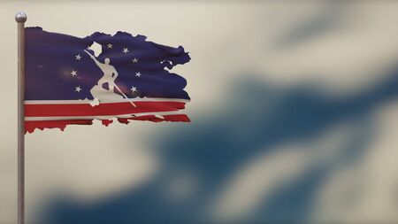 Richmond Virginia 3D tattered waving flag illustration on flagpole. Isolated on blurred sky...