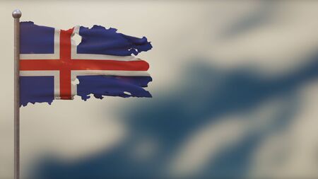 Iceland 3D tattered waving flag illustration on flagpole. Isolated on blurred sky background with...