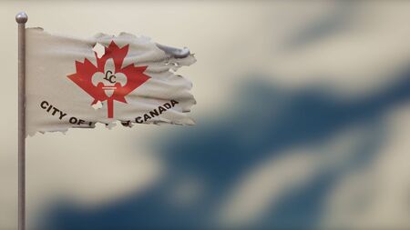 Little Canada Minnesota 3D tattered waving flag illustration on flagpole. Isolated on blurred sky background with space on the right side. Depth of Field effect.の写真素材