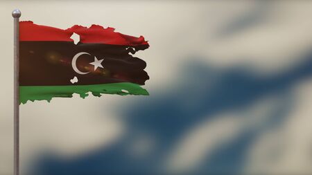 Libya 3D tattered waving flag illustration on flagpole. Isolated on blurred sky background with space on the right side. Depth of Field effect.の写真素材