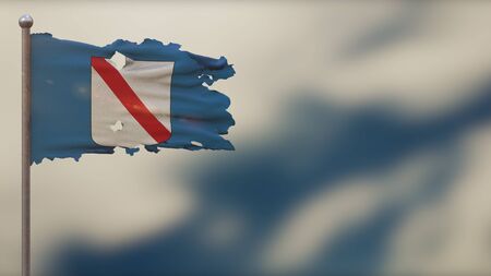 Campania 3D tattered waving flag illustration on flagpole. Isolated on blurred sky background with space on the right side. Depth of Field effect.の写真素材