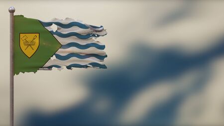 Vancouver 3D tattered waving flag illustration on flagpole. Isolated on blurred sky background with space on the right side. Depth of Field effect.の写真素材
