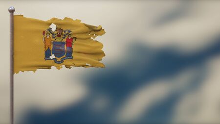 New Jersey 3D tattered waving flag illustration on flagpole. Isolated on blurred sky background with space on the right side. Depth of Field effect.の写真素材