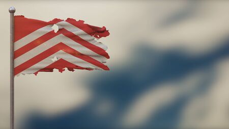 Glamorgan 3D tattered waving flag illustration on flagpole. Isolated on blurred sky background with...